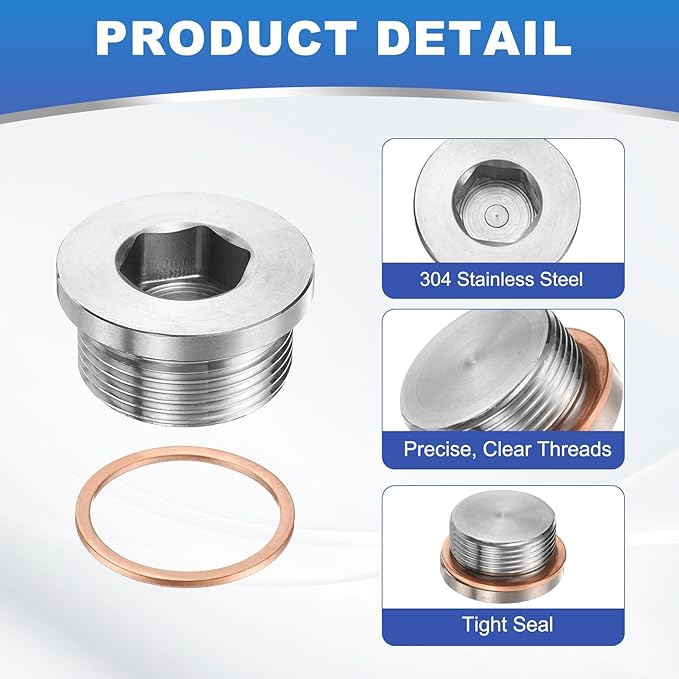 PATIKIL 2 Pcs 1" BSP Pipe Plug Fitting, 304 Stainless Steel Internal Hex Head Socket Pipe Cap Adapter Connector with Copper Washer for Sealing Oil Gas Water