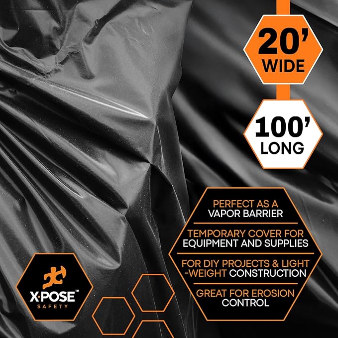 Xpose Safety Black Plastic Sheeting 10 Pack – 20' x 100' Rolls – Heavy Duty 5.2 Mil Poly Sheet – Waterproof, Dustproof, Vapor Barrier – for Construction, Painting, Industrial Use