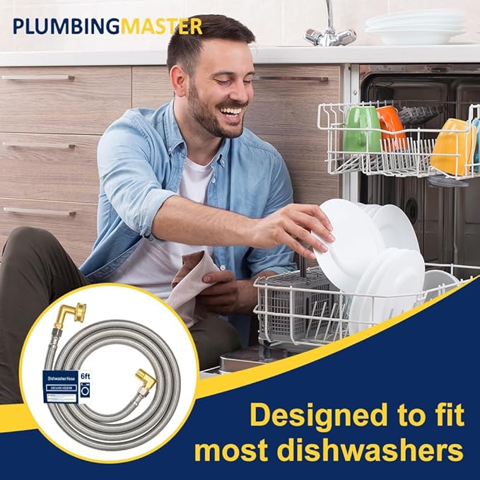 6FT Dishwasher Hose with Elbow – Stainless Steel Braided Supply Line, 3/8" Compression to 3/8" Elbow, Universal Fit, Burst Proof, NSF/Lead-Free Certified, 10-Year Warranty