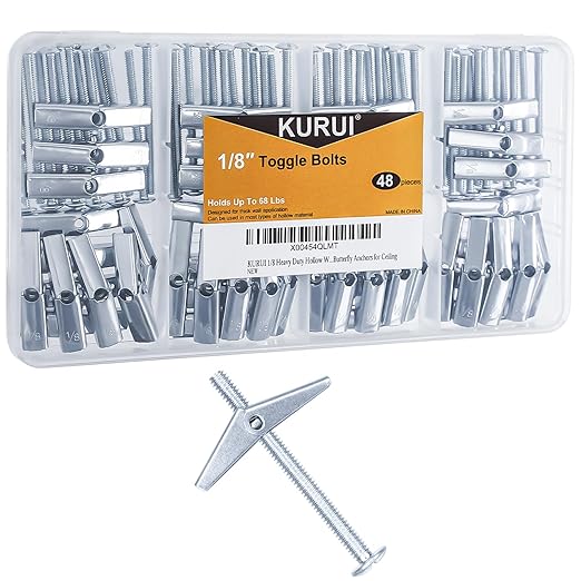 KURUI 1/8 Toggle Bolts for Drywall, 48 Pcs Heavy Duty Metal Drywall Anchors Kit, Dry Wall Anchors and Screws Kit, Butterfly Anchors for Ceiling, Sheetrock, Hollow Wall