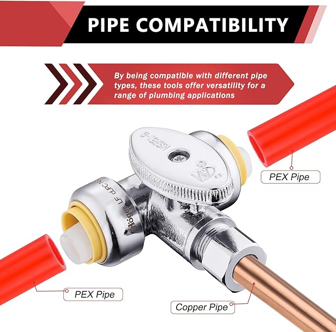 (Pack of 2) EFIELD Push Fit Tee Stop Valve 1/2" Push x 1/2" Push x 3/8" OD, 1/4 Turn Water Shut Off Valve Chrome with a Disconnect Clip,(PF-VALVE043)