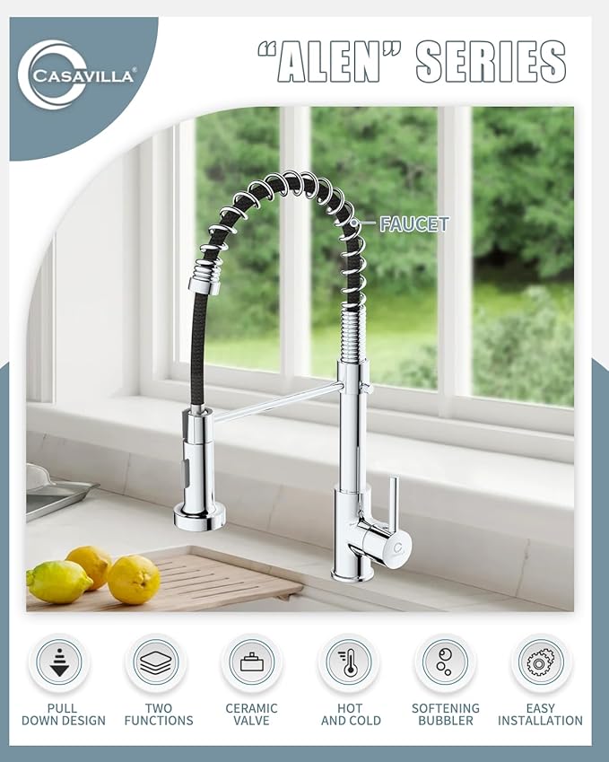 Kitchen Faucet, Commercial Kitchen Sink Faucets with Pull Down Sprayer, Stainless Steel Faucets for Kitchen Sinks, Dual Function Spray Head, Single Handle Spring Kitchen Faucets -Chrome Finish