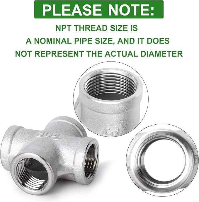 TAISHER 2PCS Stainless Steel 4 Way Pipe Fittings, 1/2" x 1/2" x 1/2" x 1/2" NPT Female Pipe Fittings