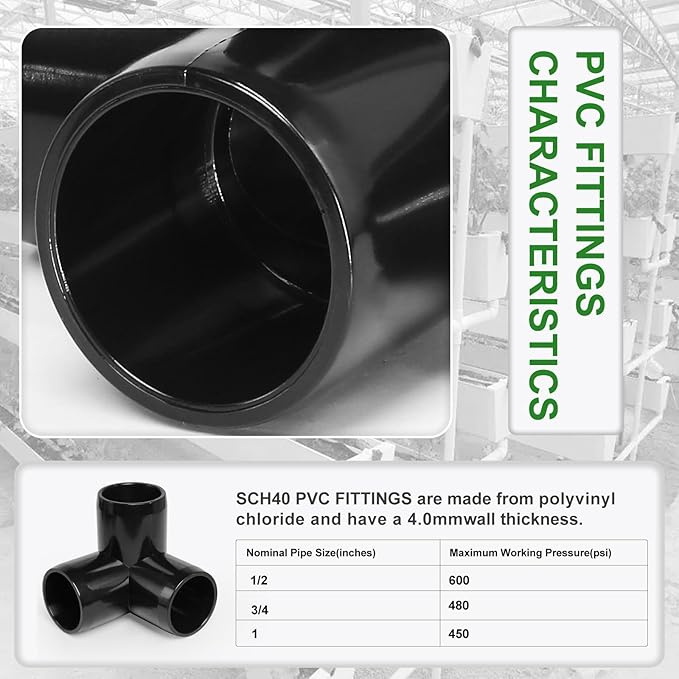 3 Way PVC Pipe Fittings 1 Inch, Zernmiarder Black PVC Elbow Corner Side Outlet Tee Fitting, SCH40 Furniture Grade Pipe Connectors - Fits 1" Polyvinyl Chloride Pipes, 12 Pieces
