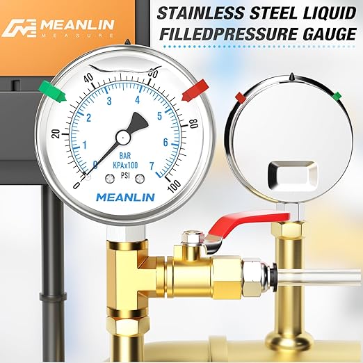 MEANLIN MEASURE 0~100Psi Stainless Steel Liquid Filled Pressure Gauge 2.5" FACE DIAL 1/4" NPT for Well Pump Tire Water Pressure Tester Lower Mount with Stainless Steel Hex Bushing and Snaps