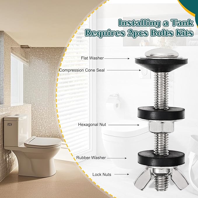 2PCS M8 Universal Toilet Tank to Bowl Bolts Kit, Heavy Duty Toilet Tank Bolts and Washers, 304 Stainless Steel Toilet Seat Bolts Kit, with Extra Long Nut Easy to Install (ΦM8, 2)