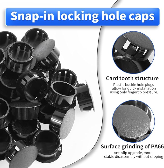 50 Pcs OD 0.748"(19mm) Black Hole Knockout Locking Plugs,Plastic Nylon Round Drilling Hole Plugs,Flush Type Panel Round Snap in Fastener,Tube Fastener Cover for Furniture Insert End Caps