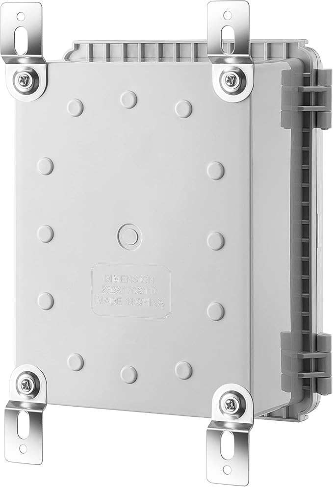 Junction Box, IP67 Waterproof Plastic Enclosure for Electrical Project, Hinged Grey Cover, Includes Mounting Plate and Wall Bracket 220×170×110mm (8.6"×6.7"×4.3")