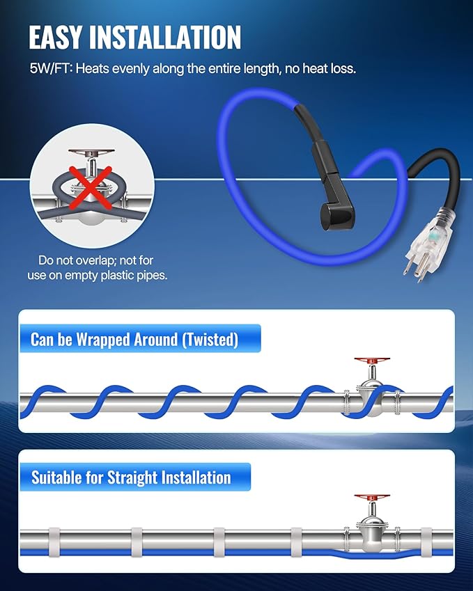12Ft Water Pipe Heating Cable, 5W Constant Power Self-Regulating Heating Cable, 5W/FT, IPX7 Waterproof, Auto-On/Off, for Metal and Plastic Water Pipes, Freeze Protection, 120V U12HC06