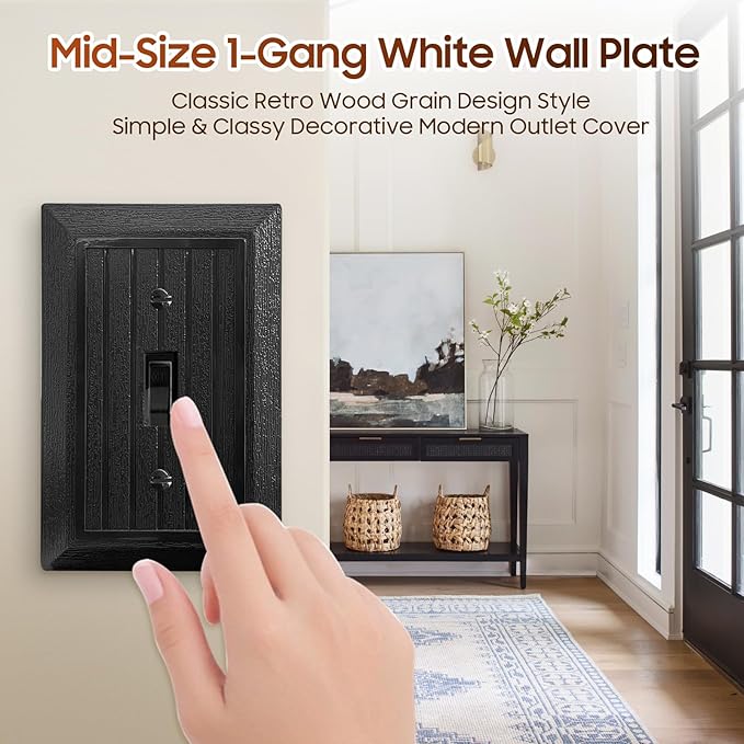 Classic Retro Wood Grain Design Style, Modern Decorative Light Switch Cover Plate, Rocker Outlet Covers Wall Plates Mid-Size (1 Gang Single Toggle 12-Pack Black)