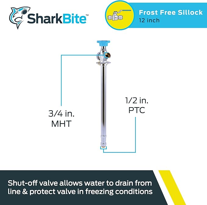 SharkBite 12 Inch Frost Free Sillcock, 1/2 x 3/4 Inch MHT, Push to Connect Brass Plumbing Fitting, PEX Pipe, Copper, CPVC, PE-RT, HDPE, 24636LF