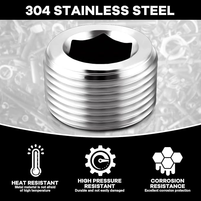 Stainless Steel Internal Hex Countersunk Male Thread Pipe Plug Connector, 1" NPT Male（Packs for 2）
