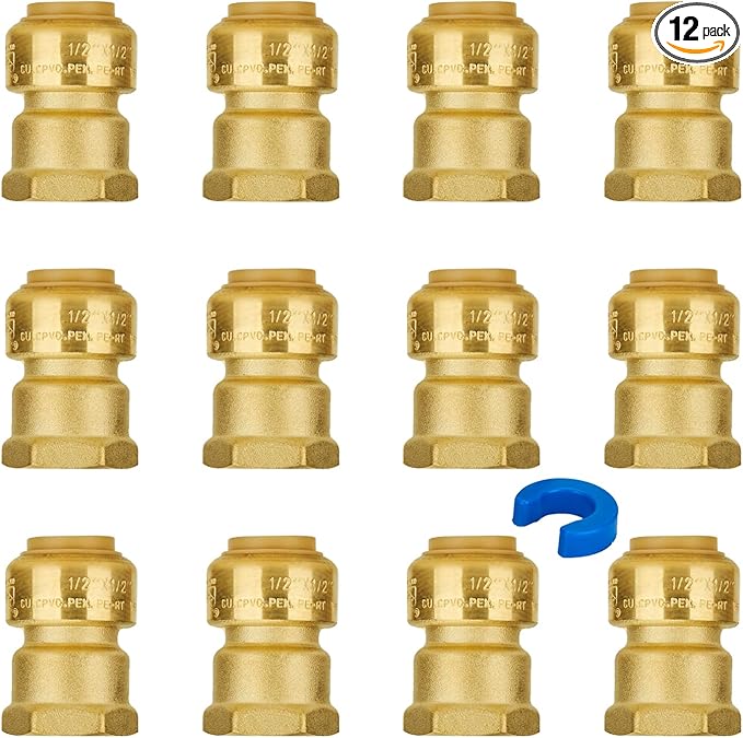SUNGATOR 1/2 Inch Female Adapter, 1/2 Inch FNPT Adapter, No Lead Brass Push-to-Connect Female Plumbing Fittings for PEX, Copper, CPVC, with 1 Disconnect Clip, Pack of 12