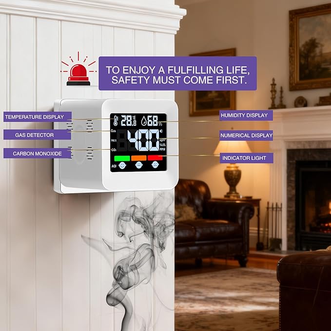 Plug-in 4-in-1 Gas & CO Detector with Temp/Humidity - Natural Gas, Propane & Methane Detector for Home, RV & Apartments (1, White-Voice Edition)