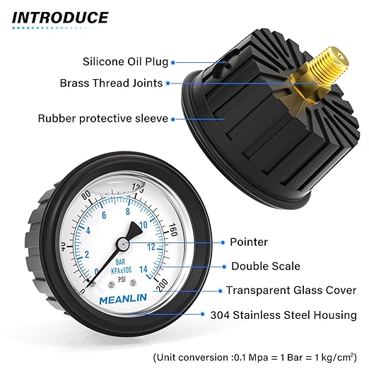 MEANLIN MEASURE 0~200Psi Stainless Steel 1/4" NPT 2.5" FACE DIAL,Liquid Filled Pressure Gauge, Center Back Mount (with Rubber Protective Sleeve), with 1/2" NPT and 3/8" NPT Hex Bushing