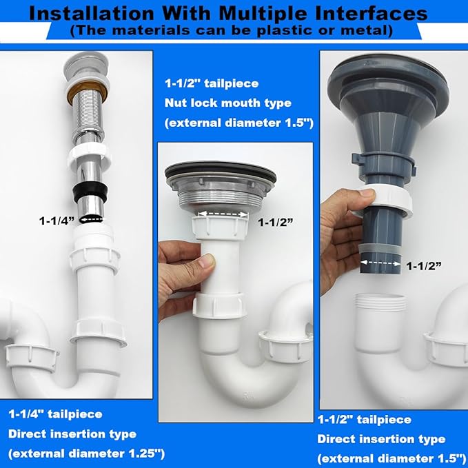 White 1 1/4" and 1-1/2" P-Trap Plumbing Kit with Threaded Adapter, J-Bend for Restroom Sink Kitchen Sink Drain Pipe, Flexible Extension Tube Drain Tailpiece