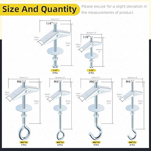 30Pcs 3 Types Toggle Bolts Assortment Kit, M4 M6 Toggle Bolt Eye Bolt Butterfly Anchors and 1/4", 1/8" Butterfly Toggle Anchors, Drywall Anchors with Wing Nut for Hanging Lamps Heavy Items