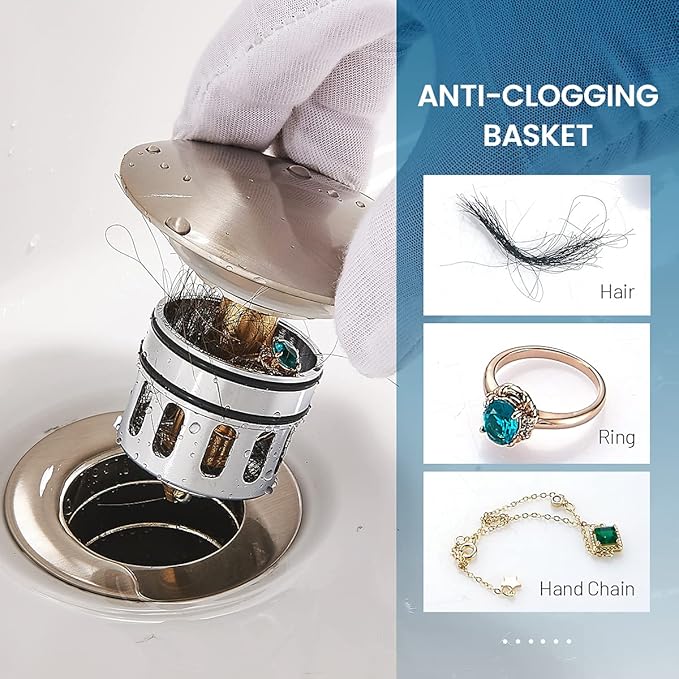 Vessel Sink Drain for Bathroom, Pop-up Drain With Detachable Basket Stopper, Anti-Explosion And Anti-Clogging Drain Strainer, Sink Drain Assembly With Overflow Brushed Nickel, REGALMIX RWF083J