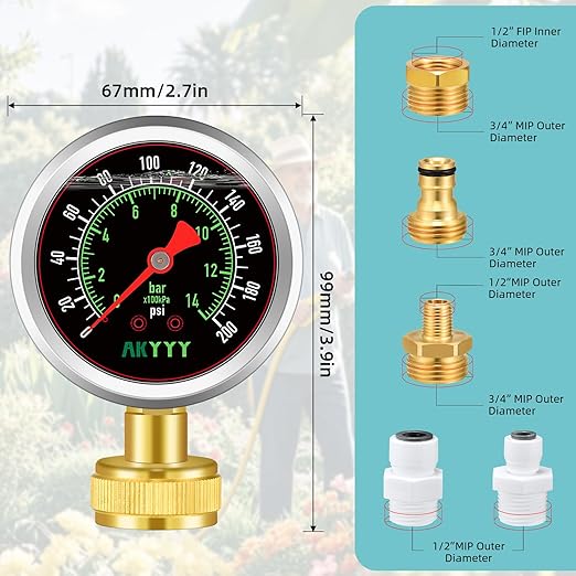 Liquid-Filled Water Pressure Gauge 0-200 PSI/Bar with 5-Piece Kit - Industrial Grade, Tool-Free Installation for Water Heaters, Pool Pumps, RV Plumbing & Irrigation Systems