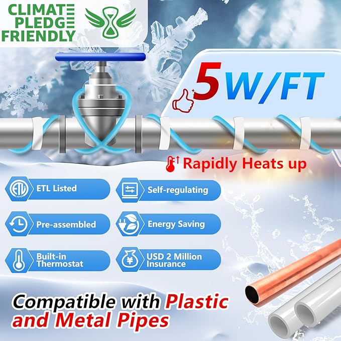 HEATIT 5JHSF 160Ft Self Regulating Heat Trace Cable for Pipes, Pre-assembled Water Pipe Freeze Protection, ETL Listed, 120V