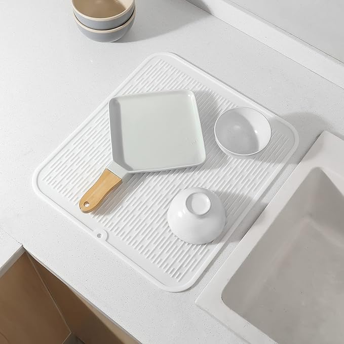 Silicone Dish Drying Mat for Multiple Usage,Easy clean,Eco-friendly,Heat-resistant Silicone Mat for Kitchen Counter or Sink,Refrigerator or Drawer Liner White XL 18 inches x 16 inches