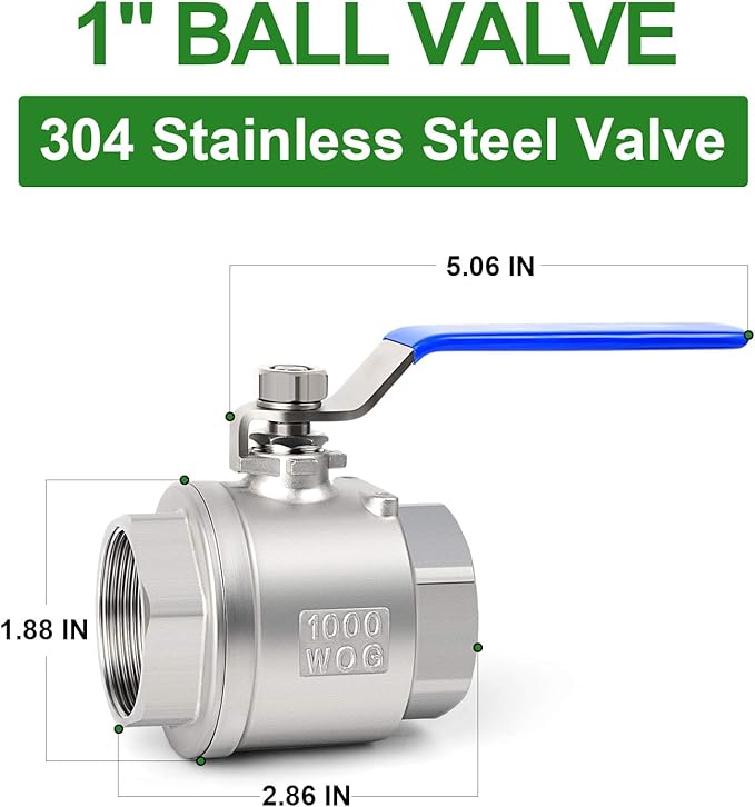 TAISHER 1 PCS 1 Inch FNPT Heavy Duty Full Porat Ball Valve 304 Stainless Steel with Blue Handles