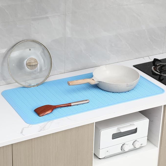 Silicone Dish Drying Mat for Multiple Usage,Easy clean,Eco-friendly,Heat-resistant Silicone Mat for Kitchen Counter or Sink,Refrigerator or Drawer Liner Light Blue 5XL 36inches x 18inches