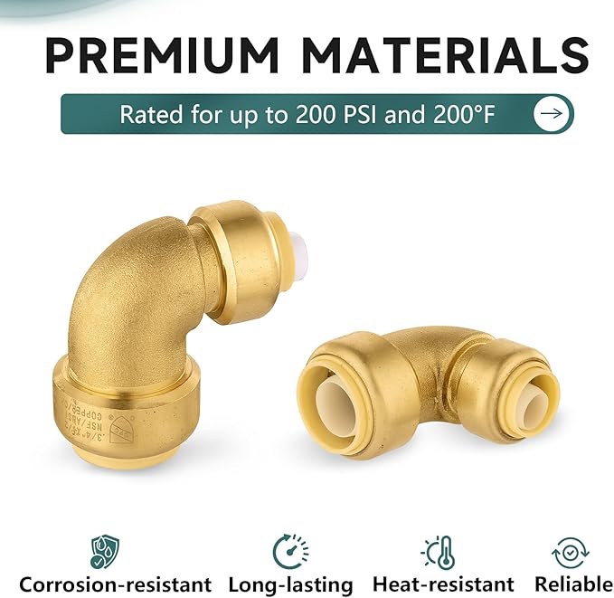 (Pack of 10) Niikappu 3/4 Inch x 1/2 Inch Reducing Elbow Brass Fitting, Push to Connect Plumbing Brass Fittings, PEX, Copper, CPVC, PE-RT Pipes