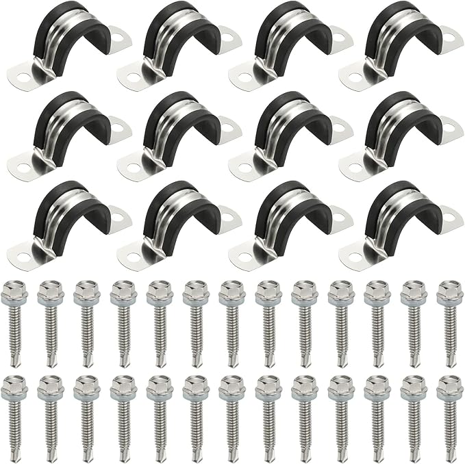 PATIKIL 12Pcs Pipe Clamps, 1 Inch 304 Stainless Steel Rubber Cushioned U Bracket Conduit Clamps Pipe Strap Wire Clips with Hexagonal Screw for Tube Hose Cord Installation, 25mm