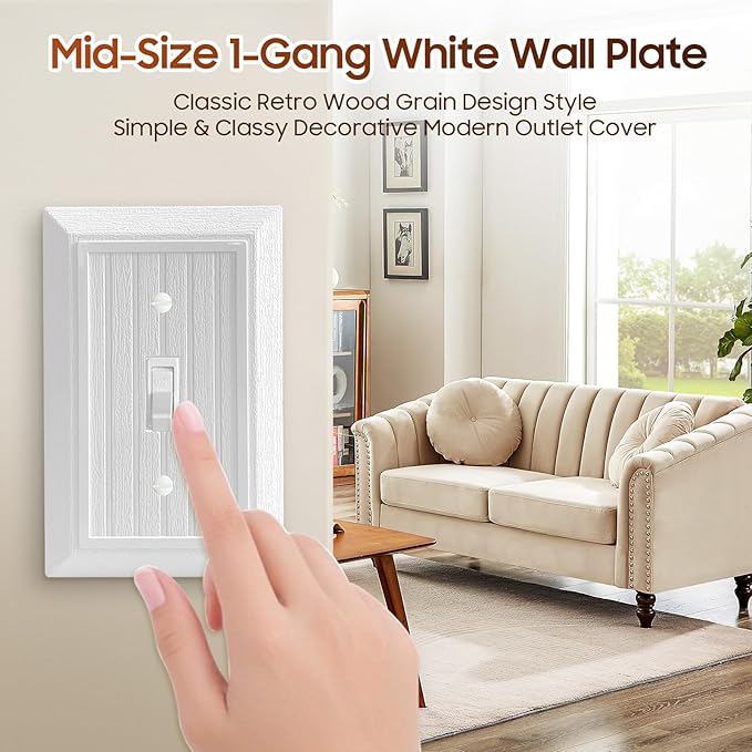 4-Pack Light Switch Cover Plate, Modern Decorative Outlet Covers Wall Plates, Pure White Classic Retro Wood Grain Design Style (Mid-Size Single Toggle)