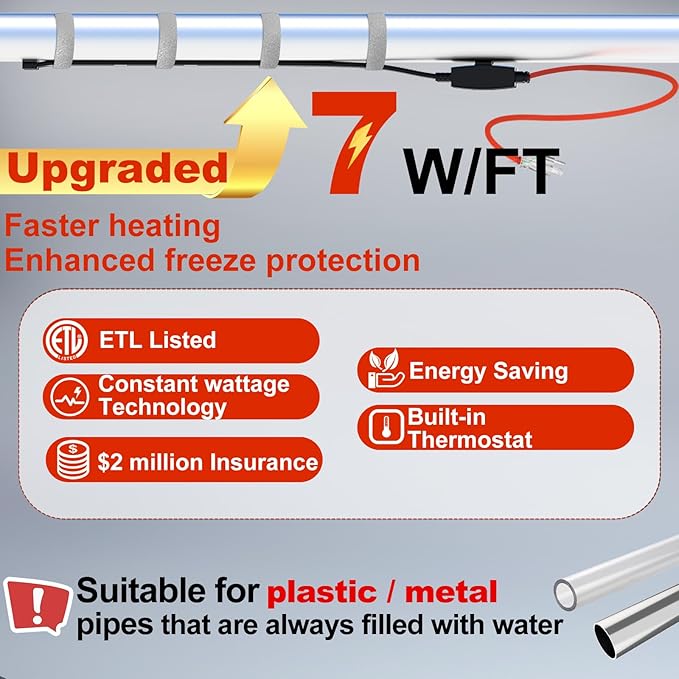 HEATIT Heating Cable for Water Pipes Automatic Heat Tape Pipe Freeze Protected Heated Cable 24 Feet