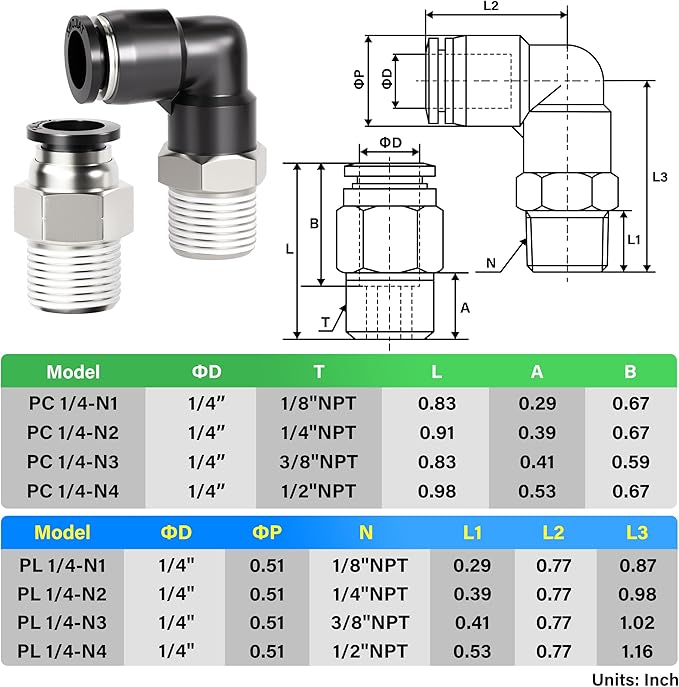 TAILONZ PNEUMATIC Elbow and Straight Combination 1/4 Inch Tube OD x 1/4 Inch NPT Thread Push to Connect Fittings PC-1/4-N2+PL-1/4-N2(Pack of 12)