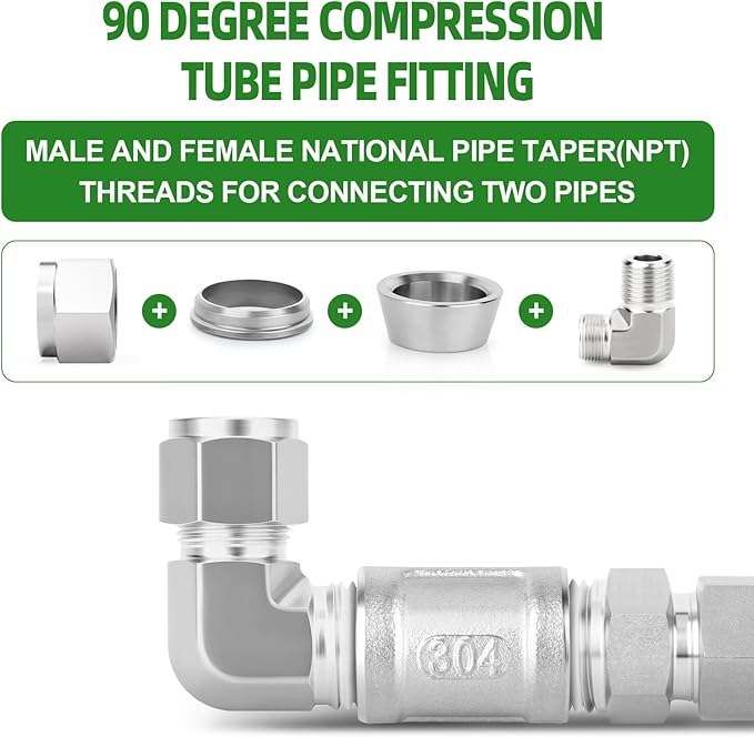 TAISHER 1PCS 316 Stainless Steel 90 Degree Compression Tube Pipe Fitting Connector, 3/8" Tube OD x 3/8" NPT Male Adapter