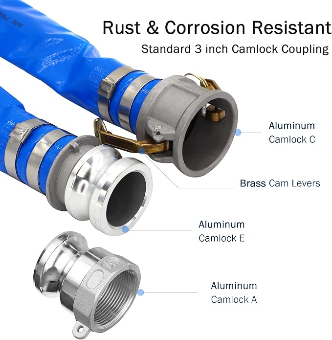 3" ID x 50 ft PVC Lay Flat Discharge Hose with Aluminum Camlock C and E Fittings, Cam Lock Fitting Type A included, Heavy Duty Reinforced Blue Backwash Pump Hoses for Swimming Drain Pools