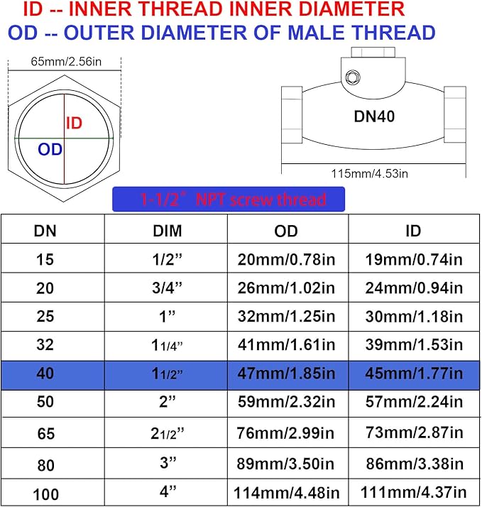 1-1/2" Stainless Steel Check Valve, NPT Threaded Horizontal Check Valve Check valve to prevent backflow, check valve for water, oil and air, also available with compressor DN40