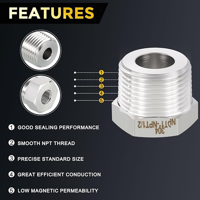 METALLIXITY 2PCS 1" Male NPT x 1/2" FeMale NPT Thread 304 Stainless Steel Hex Bushing Extension Tube Adapters Convert for Water Tub Spout/Shower