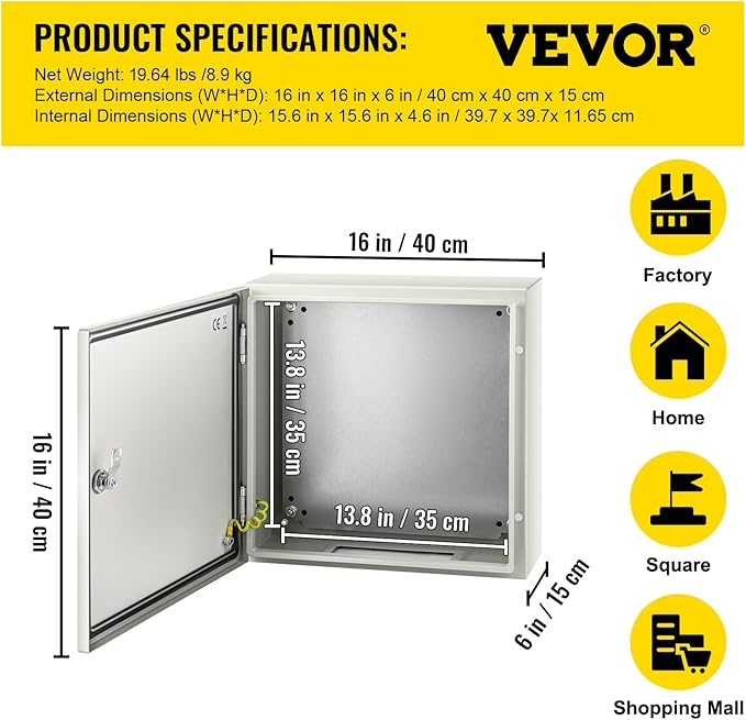 VEVOR NEMA Steel Enclosure, 16 x 16 x 6'' NEMA 4X Steel Electrical Box, IP66 Waterproof & Dustproof, Outdoor/Indoor Electrical Junction Box, with Mounting Plate