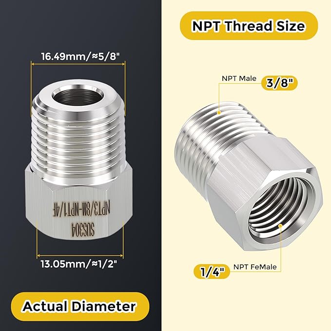 METALLIXITY 2PCS 3/8" Male NPT x 1/4" FeMale NPT Thread 304 Stainless Steel Hex Bushing Extension Tube Adapters Convert for Water Tub Spout/Shower