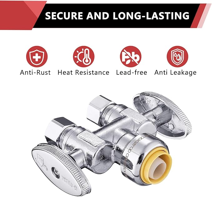 (Pack of 20) EFIELD Push Fit 1/2" x Dual 3/8" OD Compression Straight Stop Valve, 1/4 Turn with a Disconnect Clip Tool,(PF-VALVE039-20PCS)