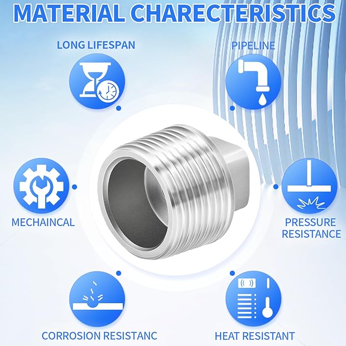ChillWaves 304 Stainless Steel Pipe Fitting, Outer Square Head Socket Pipe Plug Fitting，3/8" NPT Male，Thread Adapter(12-PACK)