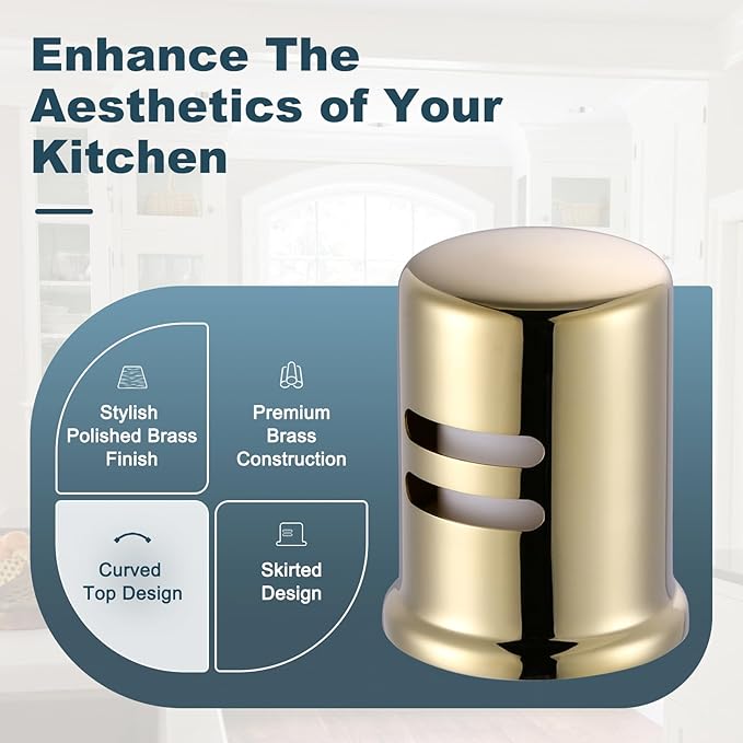 Dishwasher Air Gap Cover, Dishwasher Air Gap Cap for Kitchen Sink, Solid Brass Dishwasher Overflow Vent Cap Replacement Kit, Polished Brass