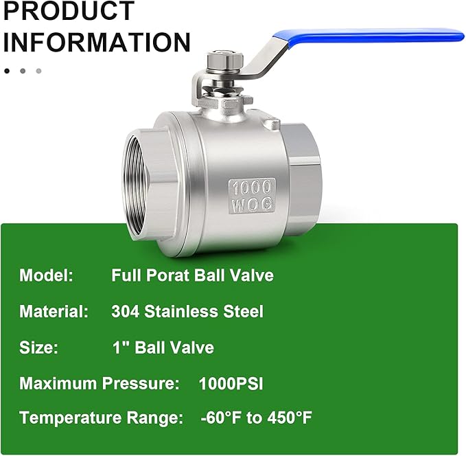 TAISHER 1 PCS 1 Inch FNPT Heavy Duty Full Porat Ball Valve 304 Stainless Steel with Blue Handles