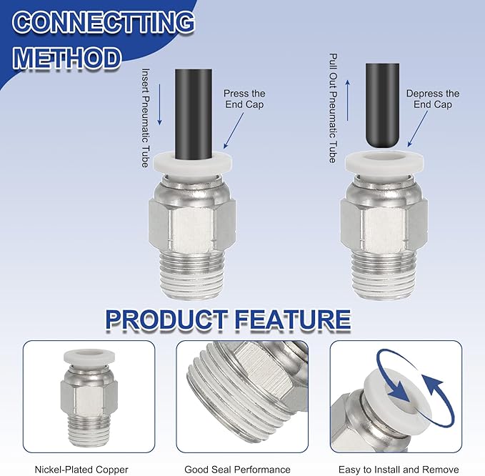 MECCANIXITY 2 Pcs NPT Push to Connect Air Fittings, Male Straight 1/2" Tube OD x 1/2" NPT Thread Air Quick Connector Coupling Adapter for Gas Hose Pneumatic Tools, White