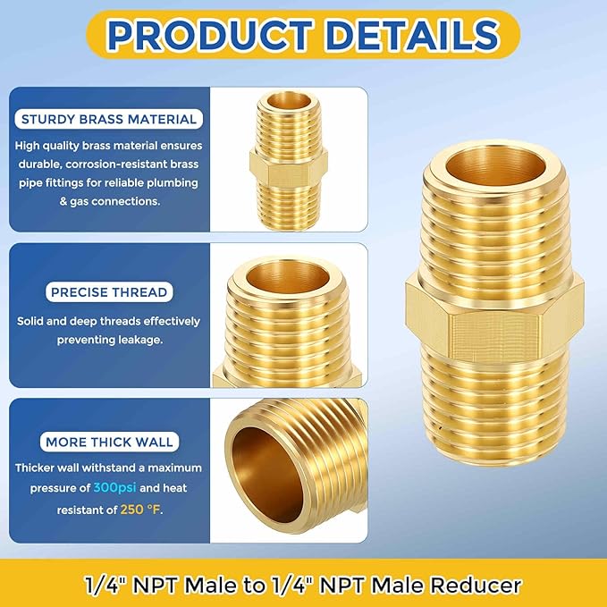 12 Pack Brass Pipe Fittings, 1/4" NPT Male to 1/4" NPT Male Brass Hex Nipple, Male Pipe Adapter Reducer for Air, Oil, LP