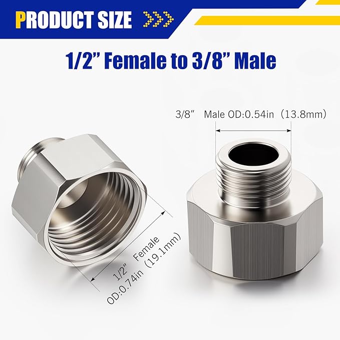 Shimeyao 8 Pcs Brass Water Line Adapter Pipe Fittings in 1/2" Female to 3/8" Male Reducer Adapter Compression Fitting for Bathroom Faucet Supply Hose Pipe Connector with Rubber Washer