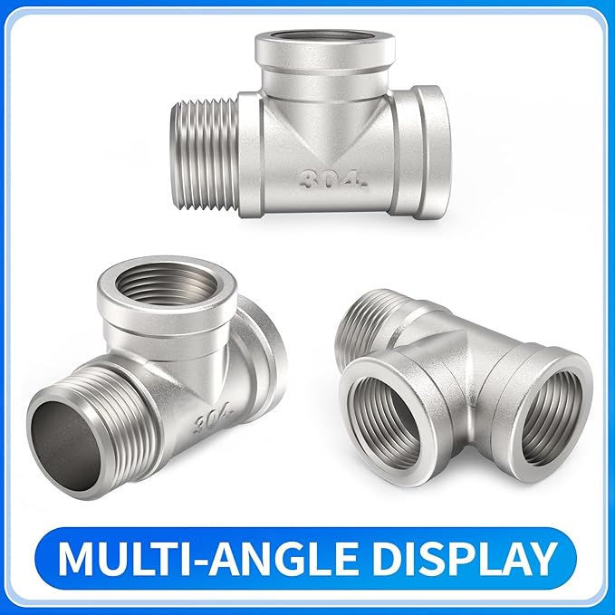 ChillWaves 304 Stainless Steel Pipe Fitting, Male Run Tee 3/8" NPT Female x 3/8" NPT Female x 3/8" NPT Male Thread Adapter(2-PACK)