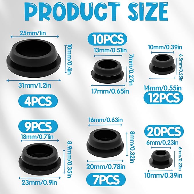 62Pcs Rubber Plug, Various Sizes of Round Hole Silicone Tool, Rubber Plugs for Round Holes, Silicone Hole Plugs Suitable for Car Wiring Furniture Black