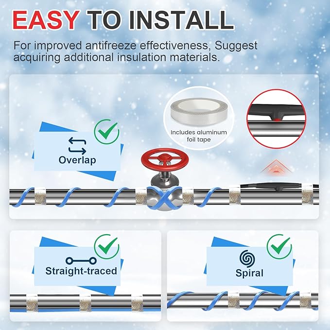 6FT Heat Tape for Water Pipes, Self-Regulating Heat Trace for Pipes with Thermostat Heating Cable for Metal Plastic Pex Pipes 120V 5W/FT
