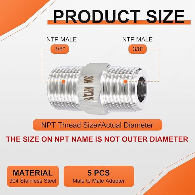 6 Pack 304 Stainless Steel Male to Male Adapter, 3/8" Male NPT x 3/8" Male NPT Hex Nipple Pipe Extension Fitting for Industrial, Automotive, Fluid Transfer, Home Gardening, Water