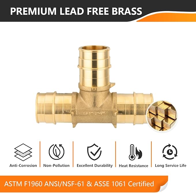 5-Pack HeSun PEX-A Expansion Fitting, 1/2 Inch Brass Pex Expansion Tee, 1/2"x1/2"x1/2" Tee,ASTM F1960(PEX1960041-5)